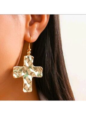 Gold Hammered Cross Earrings